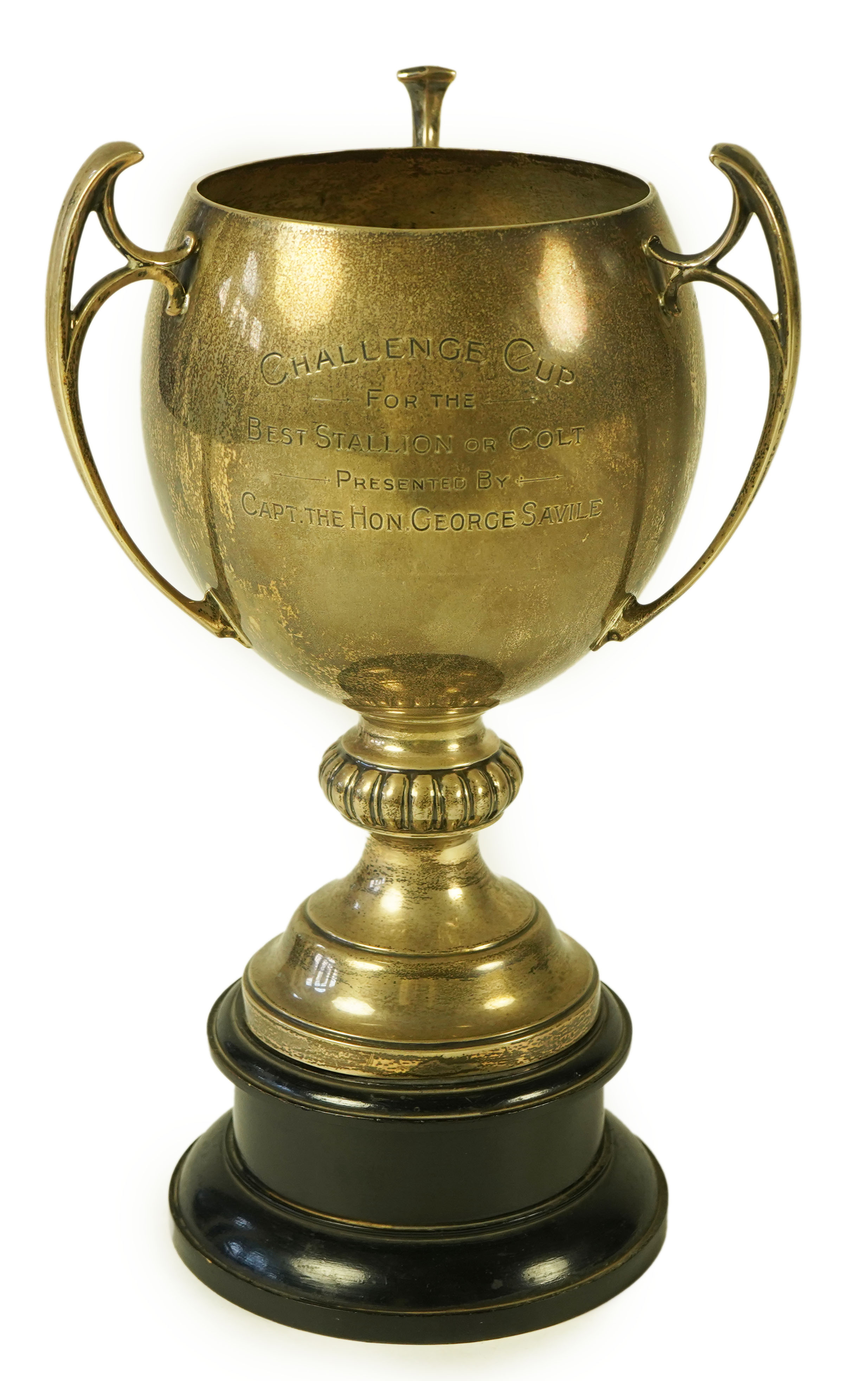 A George V silver tri-handled presentation pedestal trophy cup, with engraved horse racing inscription relating to 'The Arab Horse Society Challenge Cup for the Best Stallion or Colt'